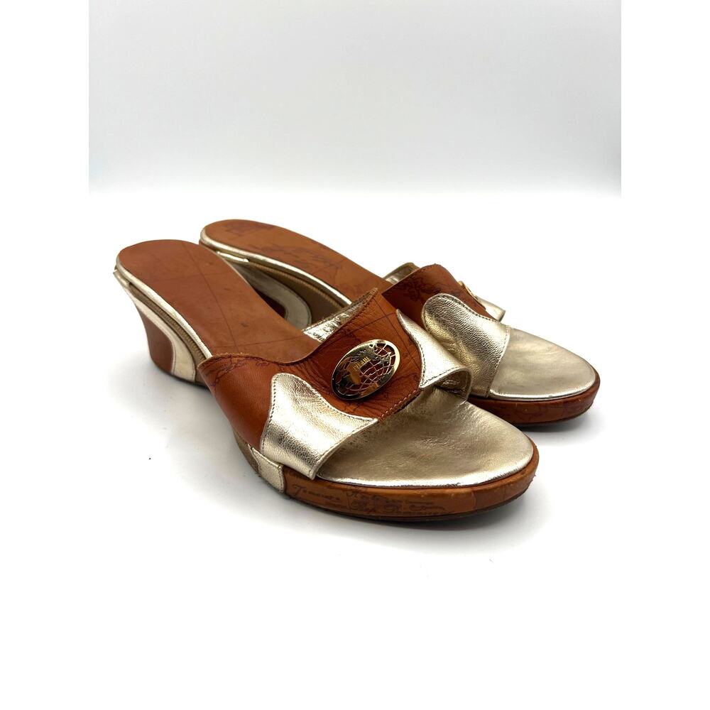 Alvero Martini 1A Sandal Wedge Gold Brown Leather Made In‎ Italy Womans Size 8.5
